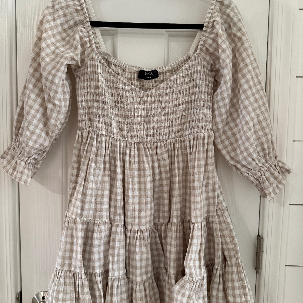 Tan Gingham Off the Shoulder Dress